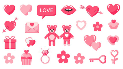 A collection of pink Valentine's Day themed icons including hearts, teddy bears, lips, a gift, a ring, and flowers.
