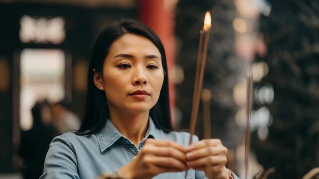 An Asian woman praying with burning incense sticks in a traditional temple. Close-up of a person holding joss sticks during a religious ceremony. Spirituality and faith concept