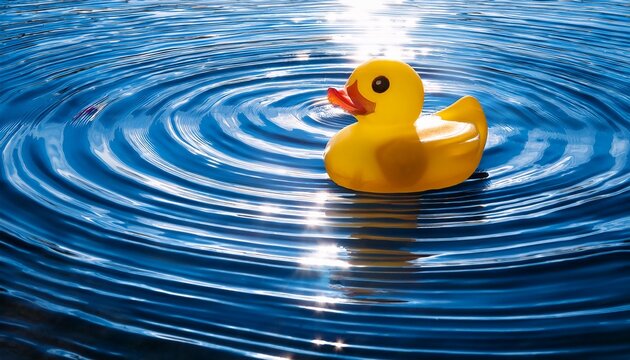 vibrant yellow rubber duck bobbing playfully on blue and white striped ocean waves in sunlight