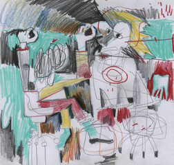 Abstract neo-expressionist drawing with mask-like faces, cold pastel background and dynamic red-orange lines. Hand-drawn psychological artwork with expressive tension and raw graphic energy.