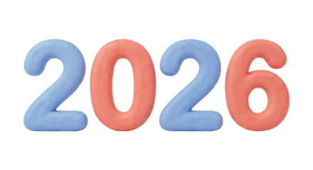 transparent 3D render of the number 2026 in a rounded clay texture