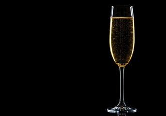 Luxurious golden champagne in a tall flute glass, isolated against a deep, dramatic black background, signifying celebration and sophistication ,holiday ,luxurious ,anniversary