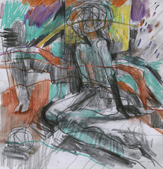 Surreal hand-drawn seated woman in graphite, mint, lavender and gold. Dreamlike psychological composition with pencil drawing lines and textured paper &mdash; artistic poster background.