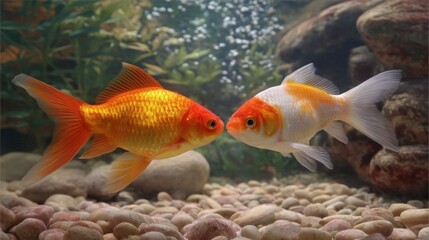 Two goldfish swim close to each other in an aquarium. Pebbles and rocks form the bottom while plants surround them. Natural light enhances the clear water.