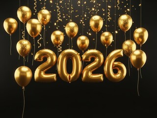 2026 New Year Celebration: Golden Balloons & Confetti on Black