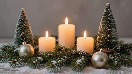 Drei helle Kerzen brennen zum Advent zwischen Tannenzweigen und zwei Tannenb&auml;umen, silberne Christbaumkugeln liegen davor