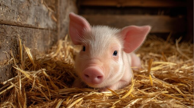 A young pig lies comfortably on a bed of straw inside a barn. The pig has soft features and is surrounded by wooden walls and hay during bright daylight hours.