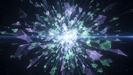 Abstract geometric explosion in cyberspace with purple and green polygons