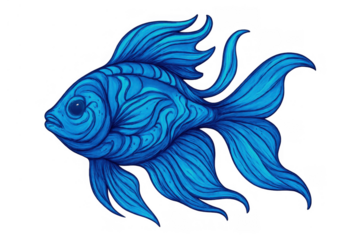 Stylized blue fish illustration swimming, decorative aquatic animal drawing with intricate scales, transparent background