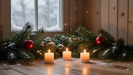 Drei brennende Kerzen stehen im Advent auf dem Boden in einem Zimmer, dahinter liegen gr&uuml;ne Tannenzweige und rote Christbaumkugeln, am Fenster sieht man Schnee