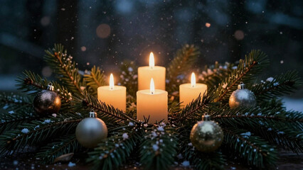 Vier Kerzen brennen zum Advent zwischen gr&uuml;nen Tannenzweigen und Christbaumkugeln, es schneit