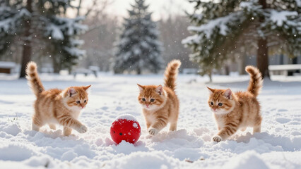 Drei Katzen spielen im Winter mit einem roten Ball mitten im Schnee
