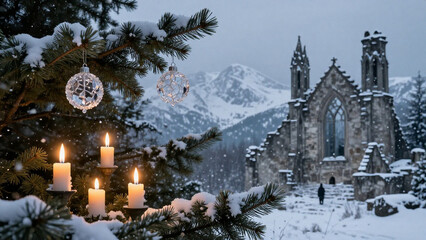 Vier Kerzen brennen zum Advent auf gr&uuml;nen Tannenzweigen, Christbaumkugeln h&auml;ngen am Baum, im Hintergrund ist eine Kirche und eine Winterlandschaft zu sehen