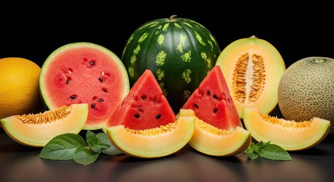 A colorful display of whole and sliced summer melons, including juicy watermelon, sweet cantaloupe, and smooth honeydew, highlighting fresh summer fruit harvest, melon, juicy, fruit