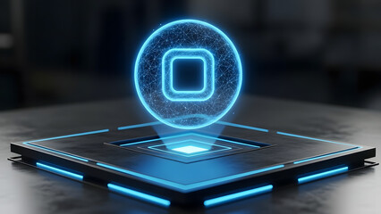 A mesmerizing holographic stop sign appears as a glowing blue wireframe projection on a sleek, futuristic dark platform with intricate circuit patterns and neon blue lighting