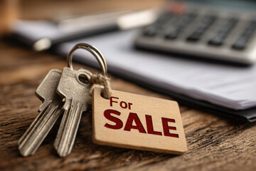 House keys with for sale tag on wooden surface near documents. Concept of real estate sale, property listing and housing market.