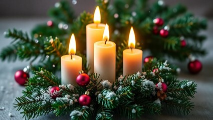 Vier Kerzen brennen zum Advent zwischen gr&uuml;nen Tannenzweigen und kleinen roten Christbaumkugeln, Schnee liegt auf den Zweigen