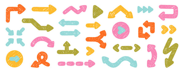 Chalk pencil arrows doodle set. Charcoal childish scribble direction pointers in sketch style. Crayon and Grunge texture. Hand drawn vector illustration isolated on white background