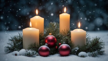 Vier Kerzen brennen zum Advent zwischen gr&uuml;nen Tannenzweigen und Christbaumkugeln, Schnee f&auml;llt vom Himmel