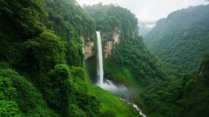 Majestic waterfall cascading down lush green cliff