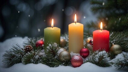 Zum Advent brennen drei Kerzen zwischen Tannenzweigen und Christbaumkugeln, es schneit