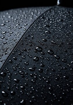 Close up view of pristine clear water drops covering the textured surface of a tightly stretched black umbrella fabric, drop, wet, clear