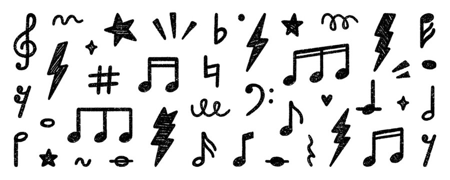 Crayon musical notes doodle set. Punk rock chalk pencil elements in sketch style. Grunge texture. Hand drawn vector illustration isolated on white background.