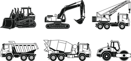 Hand drawn sketch of construction vehicles, bulldozer, excavator, crane, dump truck, cement mixer, road roller, engineering illustration © Rifat's World