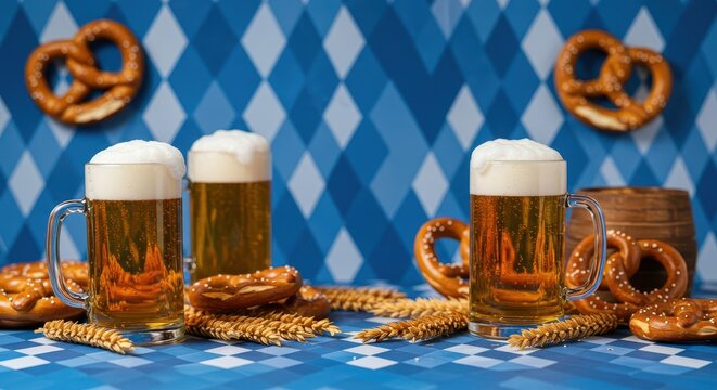 Festive vertical background design for an Oktoberfest party. Blue and white diamond pattern with beer mugs and pretzels and copy space, decorative, wallpaper, stein
