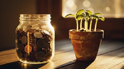 Sunlit wooden table with a glass jar of coins beside a small potted plant near a window. warm glow.!