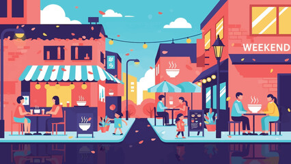 Vibrant evening scene in a charming city street with people enjoying outdoor dining, creating a cozy and lively atmosphere under string lights