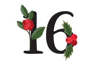 Christmas calendar number 16 decorated with holly berries and leaves. Flat vector design for advent countdown, festive decoration or seasonal print.