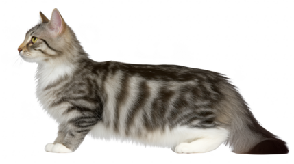 Long haired tabby cat with white paws and chest, fluffy tail, and alert expression, standing in profile on transparency background, domestic pet, calm and curious