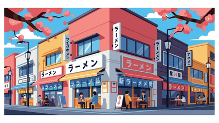 Vibrant illustration of a bustling Japanese street with charming ramen restaurants, where people enjoy meals amidst beautiful pink cherry blossoms, capturing a lively urban culinary atmosphere