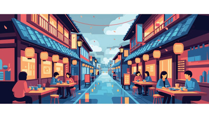 Fototapeta premium Vibrant animated illustration of a charming traditional Asian street, capturing a bustling evening scene with illuminated lanterns and diners