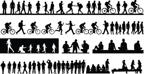 Human silhouette set, walking cycling sitting, black vector icons, social interaction, family activity, urban lifestyle, posture mix, motion