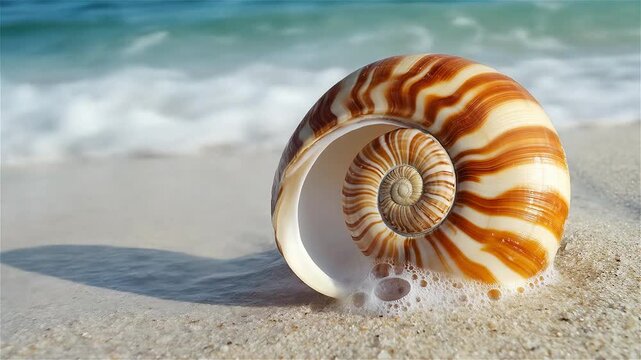 Delicate shell resting on the sandy shore reflects vibrant colors under the golden sun during a tranquil beach moment