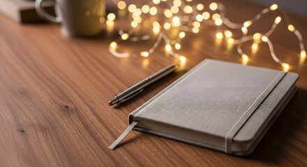 Cozy workspace with a closed journal, pen, and warm fairy lights on a wooden desk for reflective planning concept and creative inspiration