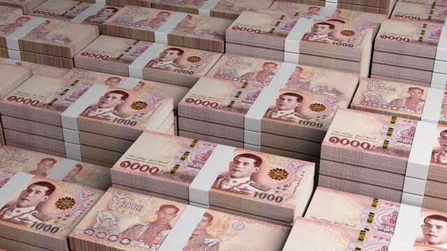 Thailand 1000 Thai Baht Banknote Horizontal 3D Animation ? Financial Money Flow, Banking, Business Investment, Economy Growth and Currency Exchange
