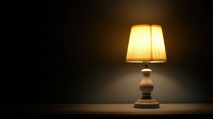 A table lamp emits a warm light in a dark space. The lamp provides illumination enhancing the atmosphere of the room for reading or working in the evening hours.