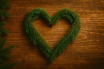 A heart made of green leaves is on a wooden surface