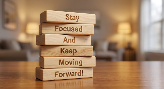 Inspiring Motivational Wooden Blocks Stack with Stay Focused Keep Moving Forward Message