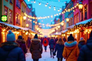 A group of people are walking down a street with Christmas lights