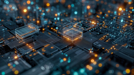 Futuristic electronic circuit board with glowing neural network connections and 3d data visualization for artificial intelligence and big data technology concept