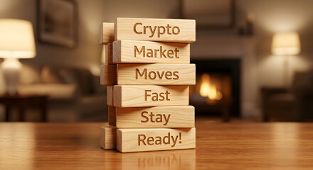 Stack of Wooden Blocks with Crypto Market Moves Fast Stay Ready Message