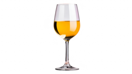 White wine glass isolated on transparent background, filled with golden yellow liquid, elegant stemware, suitable for celebration, party, or dining, reflecting sophisticated mood