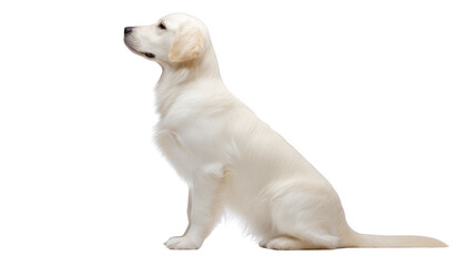 Golden retriever dog sitting side view, white fur, isolated on transparent background, calm and attentive expression, pet animal, domestic canine, friendly and loyal companion