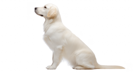 Golden retriever dog sitting side view, white fur, isolated on transparent background, calm and attentive expression, pet animal, domestic canine, friendly and loyal companion