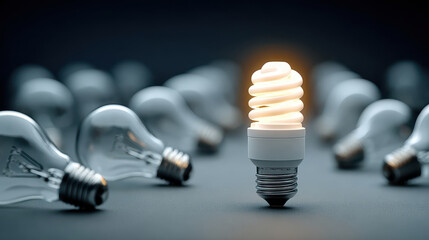 Energy saving compact fluorescent light bulb glowing among unlit traditional incandescent bulbs on dark surface symbolizing innovation and eco friendly technology