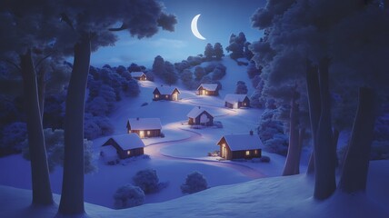 Cozy snow-covered village nestled in a moonlit forest with warm lights in windows winter night